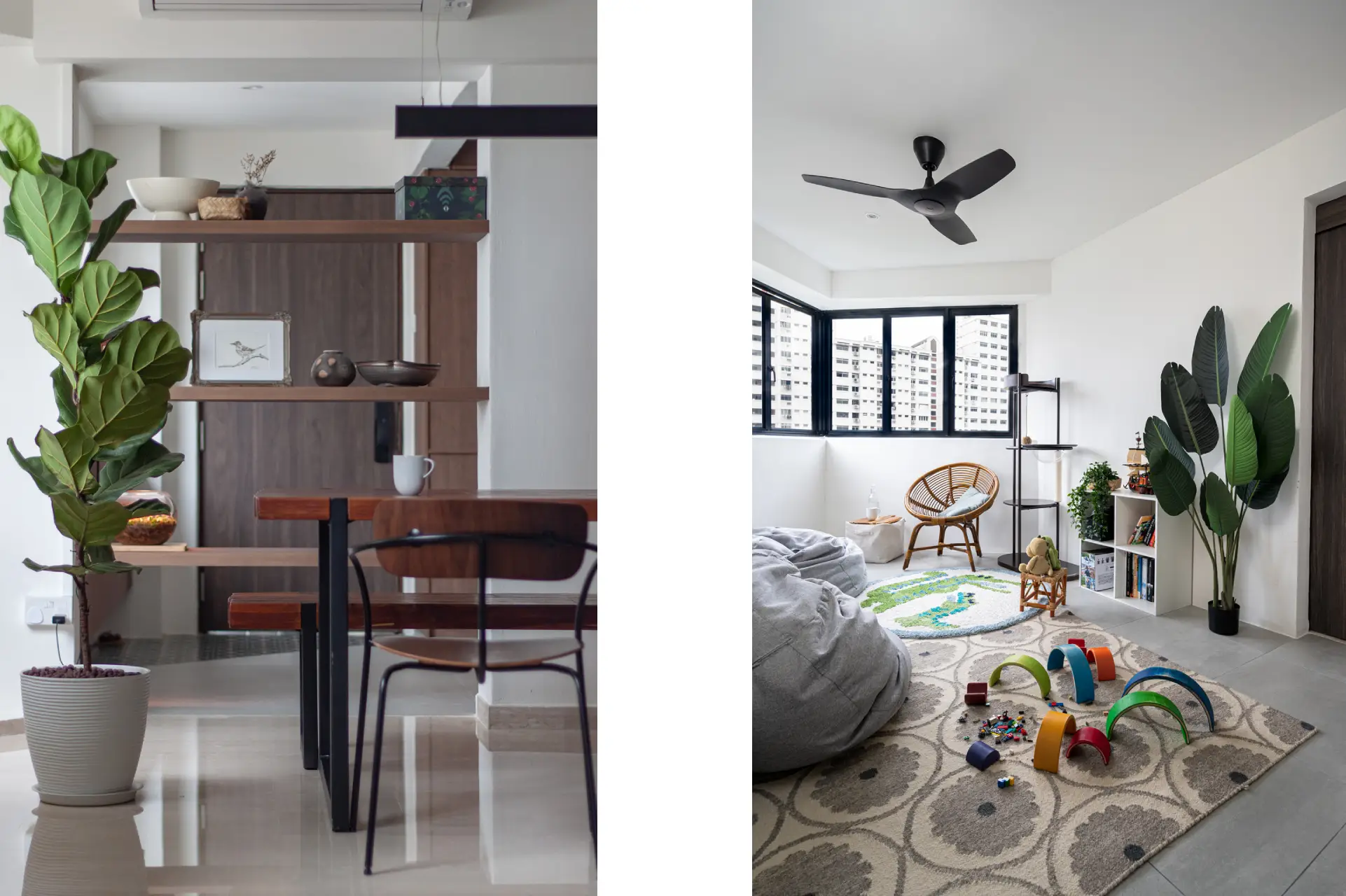 HDB interior design trend 2026, functional dining area, open shelving carpentry, smart space planning for residential homes in Singapore, custom carpentry dining table, textured feature wall, functional and personalised residential interior, Singapore
